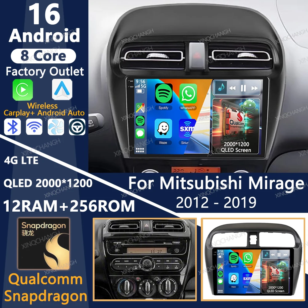 Radio para Auto Android 16 para Mitsubishi Mirage Attrage 2012 2018 2019 Space Star 2014, Carplay, Reproductor Multimedia QLED, GPS