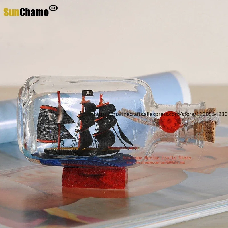 Handmade Pirate Ship in Glass Bottle, Mediterranean Style Miniature Drift Bottle for Home Decor DIY Gift