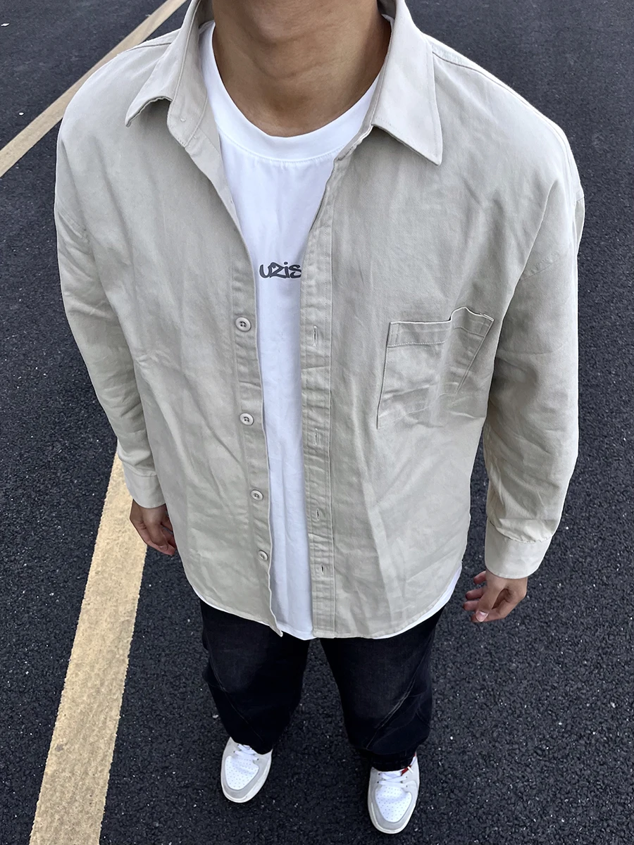 

Khaki Long Sve Men's irt Spring Autumn Inner Wear Layering Collar Workwear Jaet Cleanfit Loose Fit Youth Faion