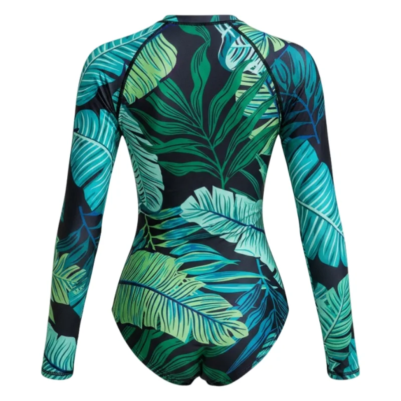 Tropischer Dschungelblätter-Print Rashguard Badeanzug Langarm mit Reißverschluss vorne Slim Fit Bodysuit Surf Schnorchel Strand Schwimmbekleidung – Detail 2