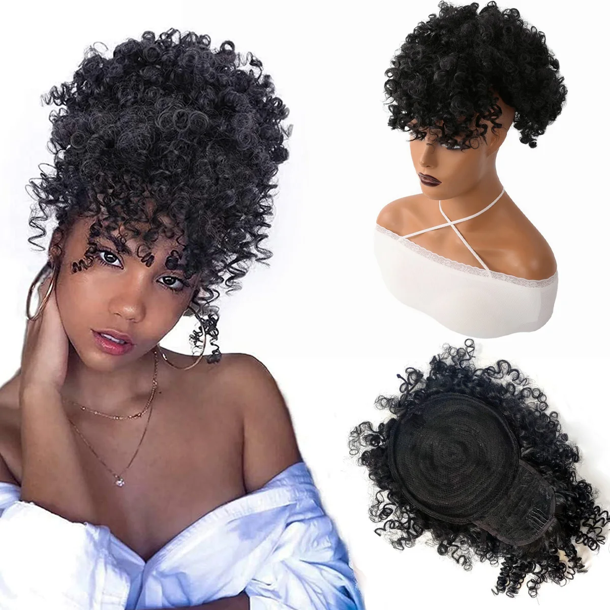 

Afro Puff Drawstring Ponytail with Bangs Pineapple Updo Hair for Black Women Short Kinky Curly Ponytail Bun For Women Girls