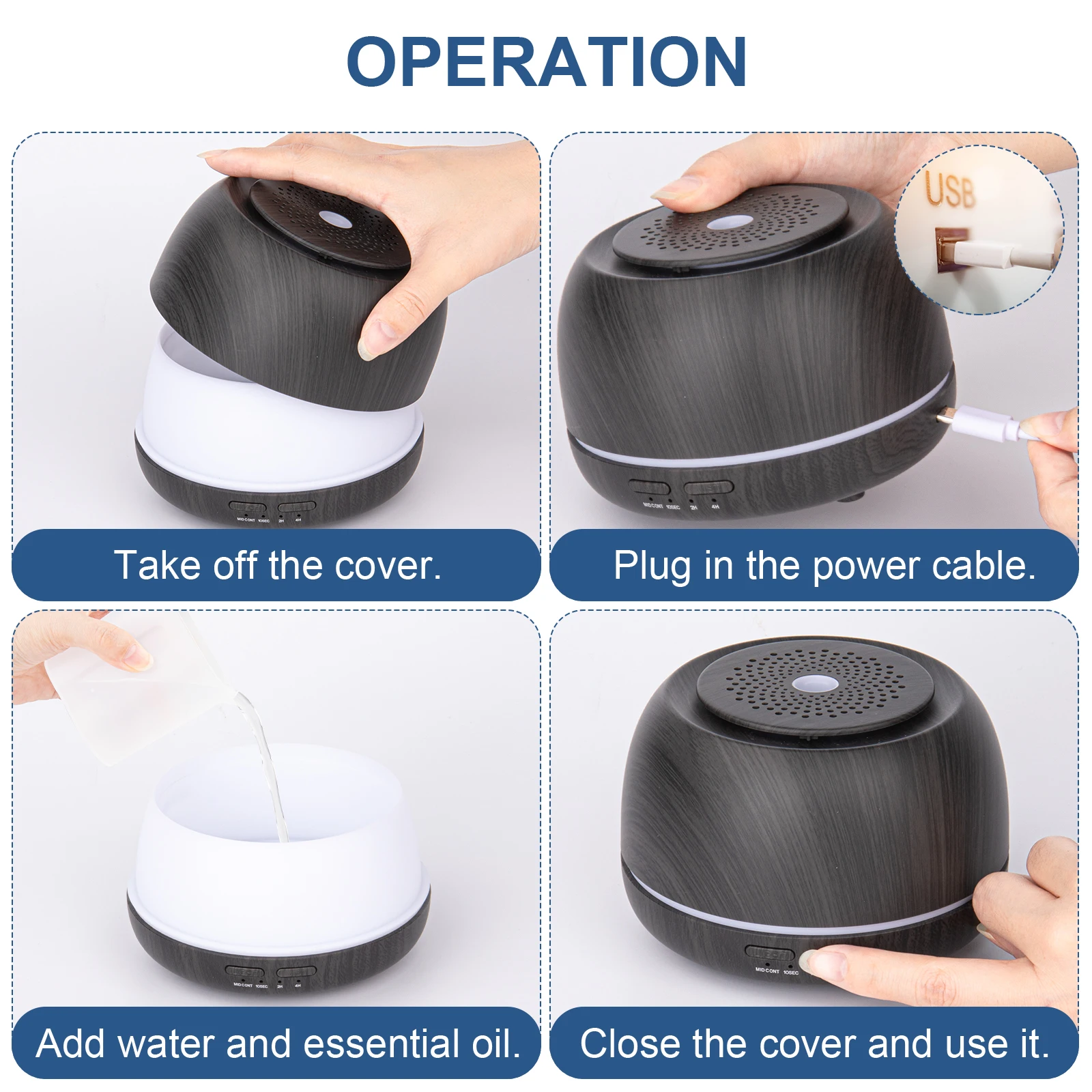 Humidificador de aire con difusor de aceite esencial, atomizador ultrasónico de niebla fría, temporizador de aromaterapia, difusor de luz de 7