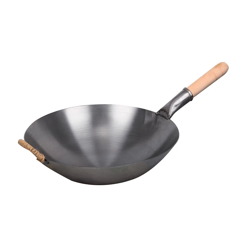 

1pc Thickened Iron Wok 32cm Grey Wooden Handle Stir Fry Pan Non Stick Kitchen Gadget Cooking Utensil Even Heat Retention