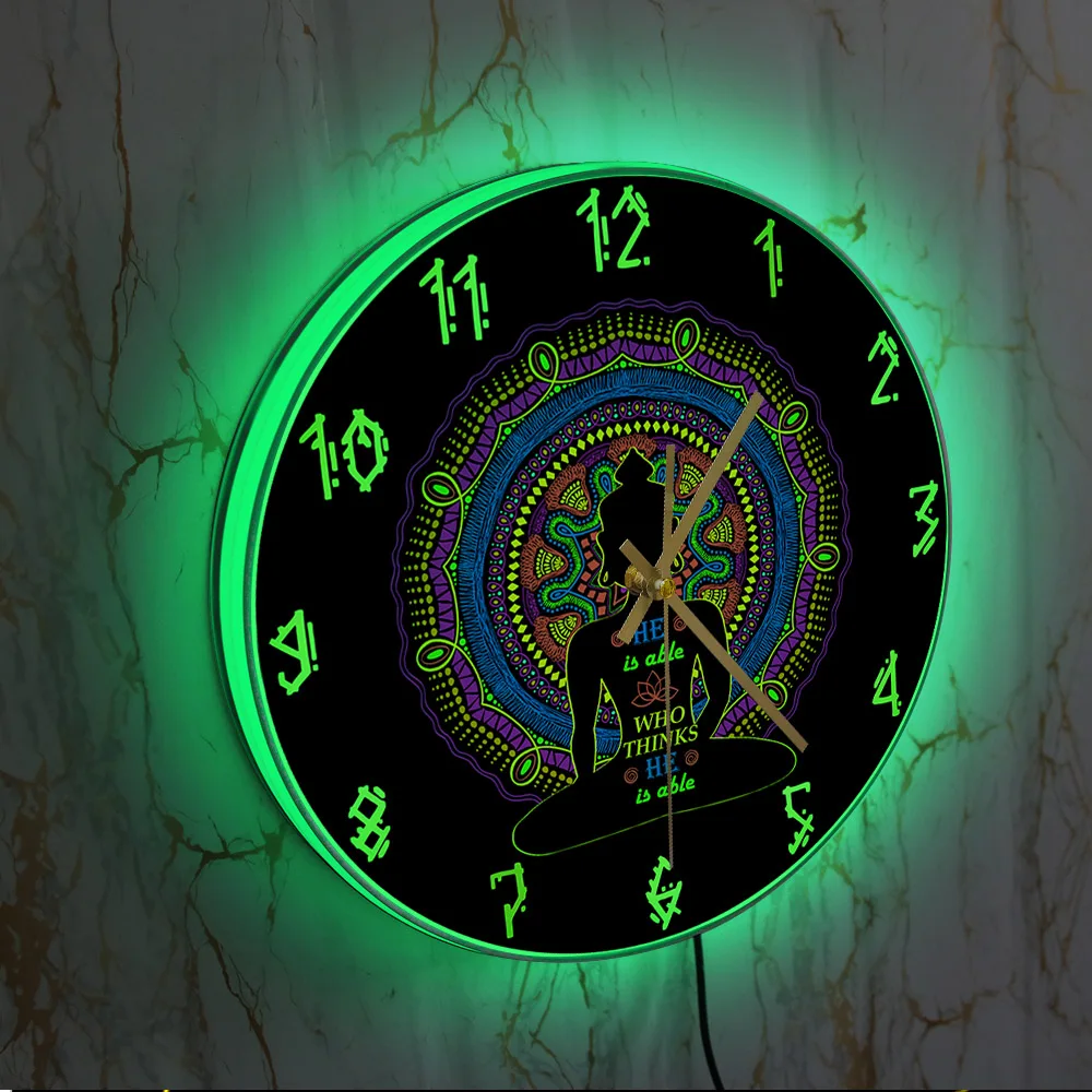 Meditation Buddha Yoga Hindu LED Backlit Wall Clock For Living Room Spiritual Zen Home Decor Modern Design Luminous Wall Watch