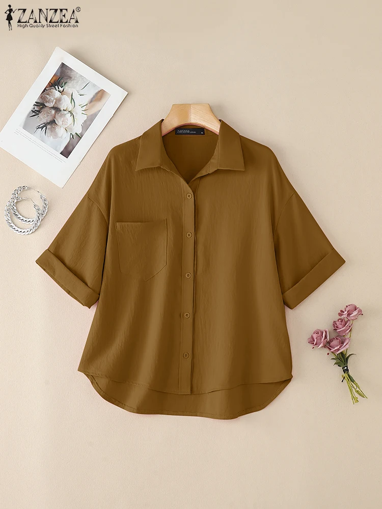 ZANZEA قمصان عصرية 2025 بلوزة كورية أنيقة بلون سادة للسيدات قطع علوية صيفية تونك نصف كم وطية صدر السترة بلوزات نسائية فضفاضة غير رسمية