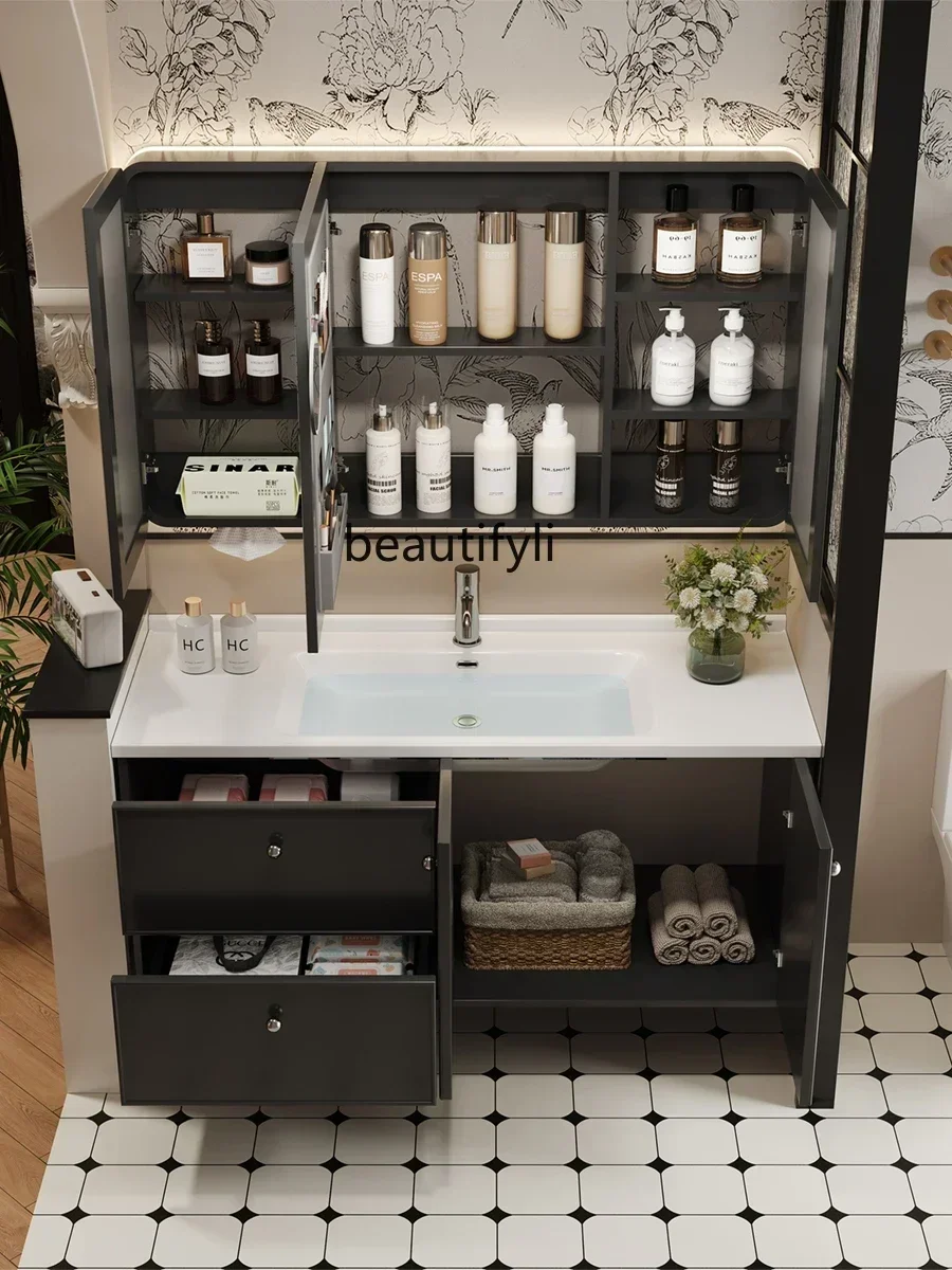 Armoire de salle de bain française intelligente, lavabo noir, meuble de salle de bain, lavabo en chêne, combinaison d'armoire de lavabo