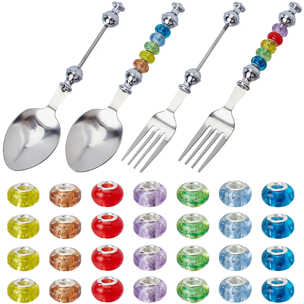 DIY Jewelry Making Kit Including 201 Stainless Steel Beadable Spoon Fork Rondelle Resin European Beads Mixed Color