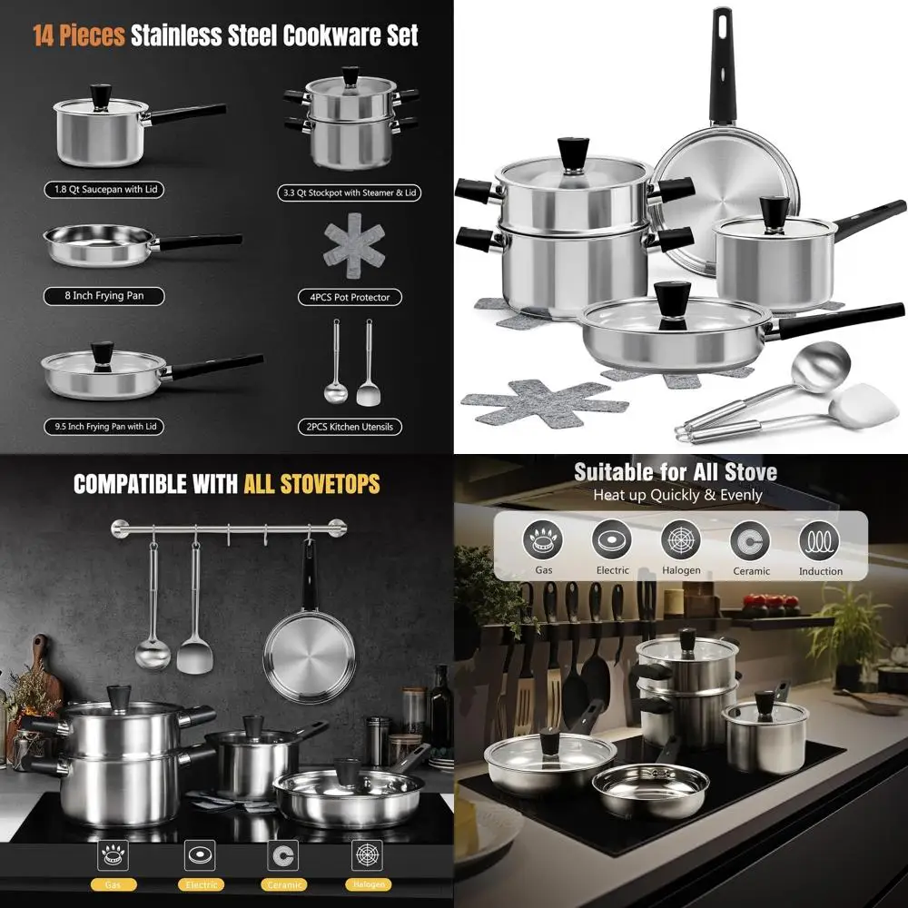 

14-Piece Non-Toxic Induction Cookware Set with Cool Handles, Glass Lids, Steamer, Pot Mats & Utensils – Dishwasher Safe