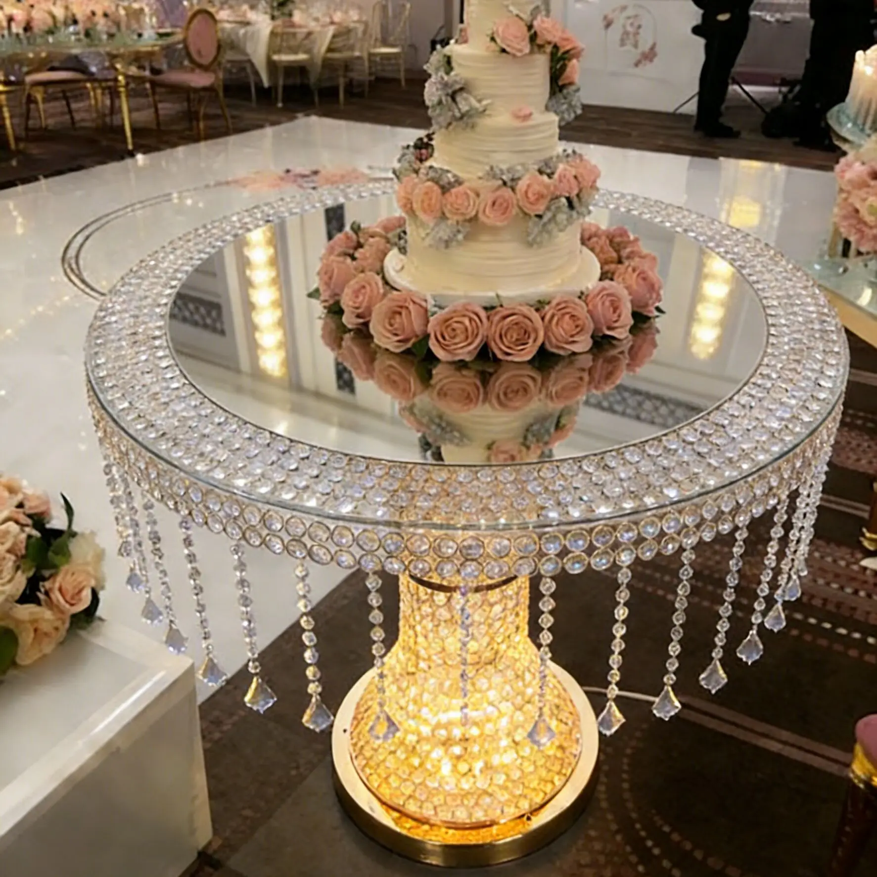 Luxury Crystal Wedding Cake Stand with LED Light & Mirror Top Round Cylinder Pedestal Plinth for Wedding Centerpiece Party Decor
