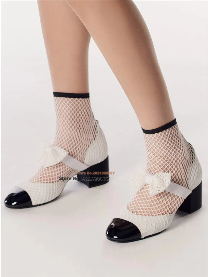 White Black Lace Mesh Bowtie Crystal Sock Boots Women Chunky Mid Heeled Round Toe Ankle Boots Prom Shoes