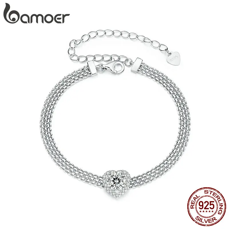 BAMOER Solid 925 Sterling Silver 4mm Mesh Link Chain Bracelet, White Gold Plated Heart Moissanite Woven Bracelet for Women