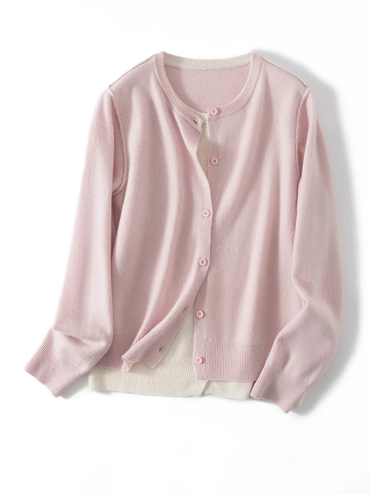 

Chic Preppy Style Women's Contrast Color Cardigan Autumn Winter 100% Cashmere Sweater Soft Knitwear Simple Casual O-Neck Tops