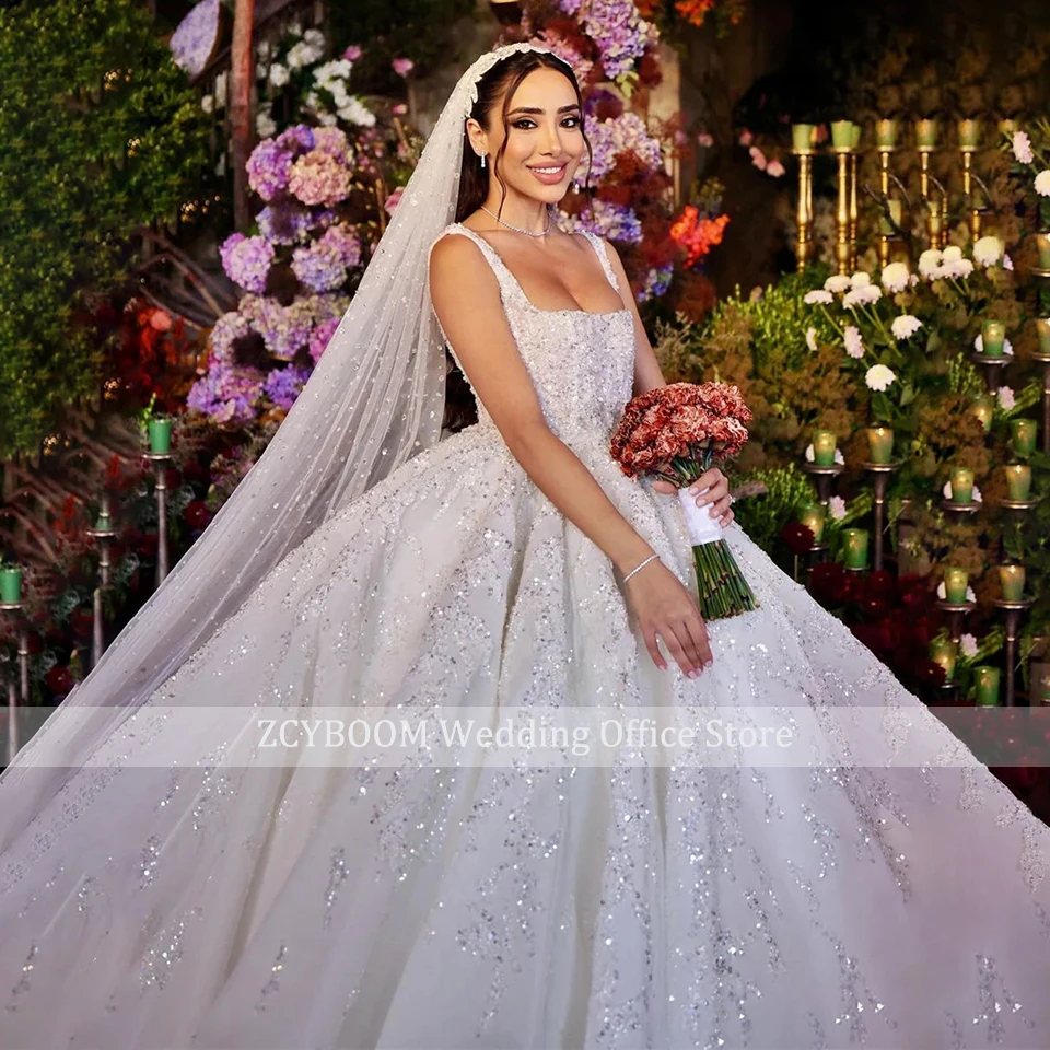 Customized Luxury Dubai White A-Line Appliques Wedding Dress 2025 Princess Glitter Sequins Women Bride Gowns Vestidos De Novia