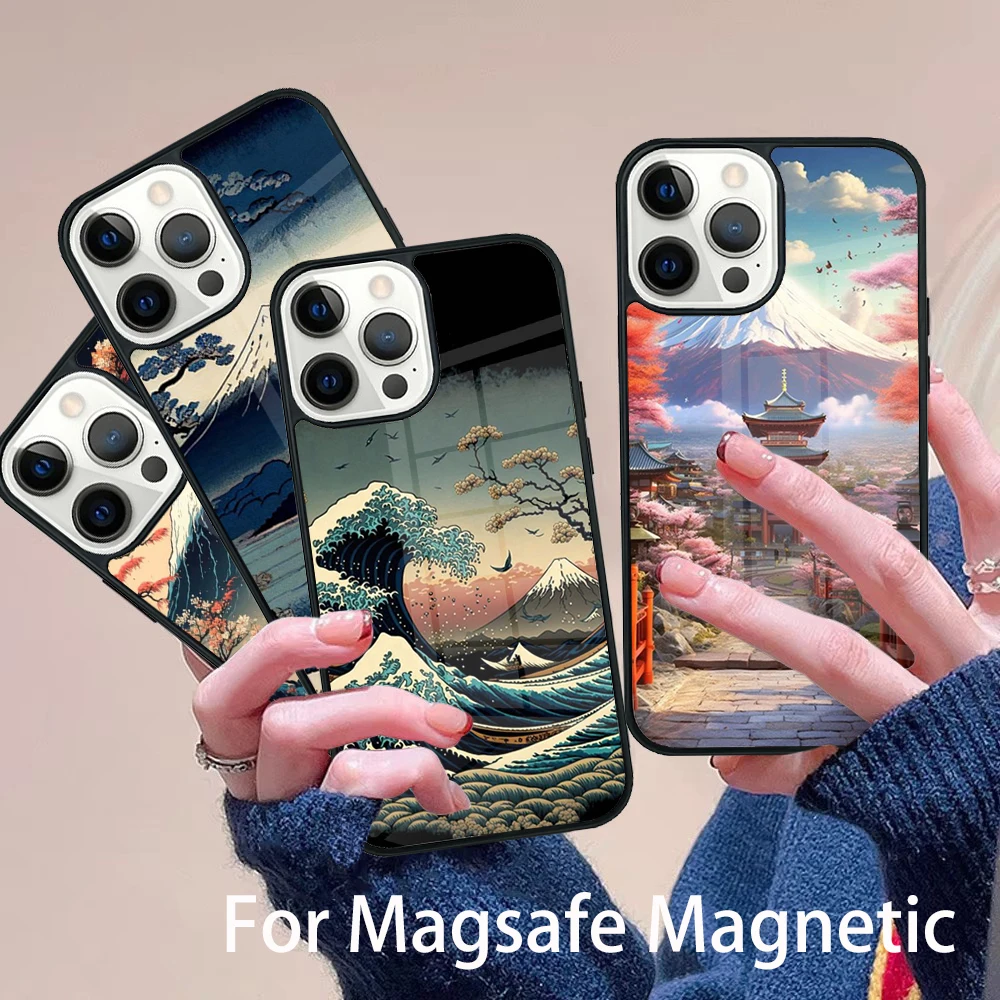 

Japan Mount Fuji Oil Painting Landscape Phone Case Magesafe Magnetic Wireless Cover For IPhone 16 11 12 13 14 15 Pro Max Plus