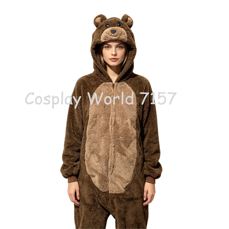 Unisex Adult Brown Bear Animal Onesie Pajamas Soft Flannel Full Zip Cosplay Costume Winter Warm Home Sleep Jumpsuit