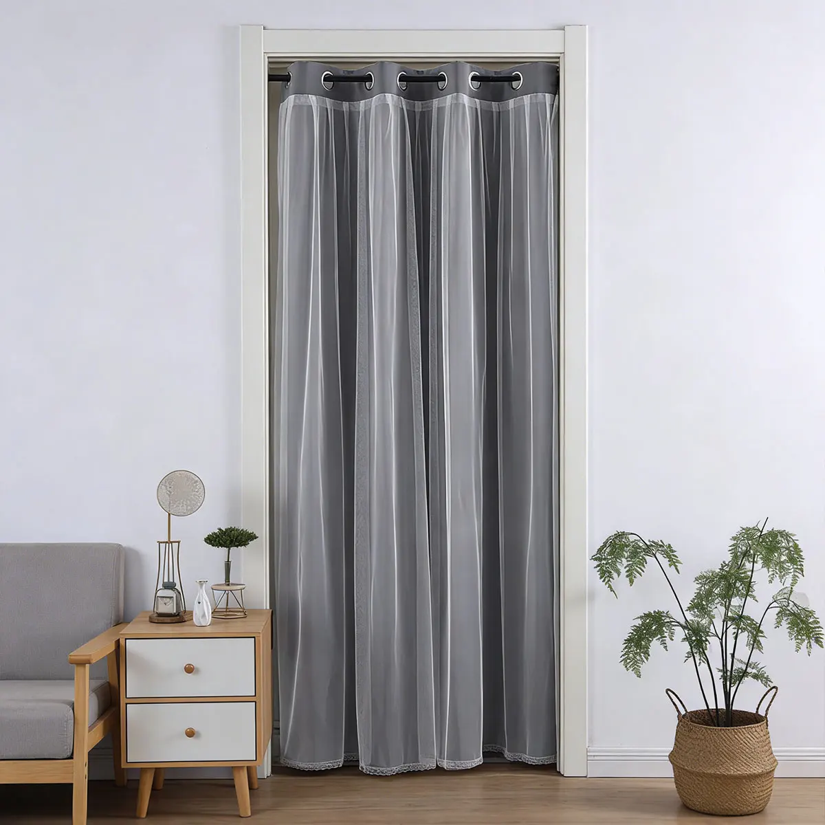 Grey Double‑Layer Grommet Door Curtain 1pc, Sheer Overlay Doorway Drape, Modern Privacy Room Divider for Home Entrance