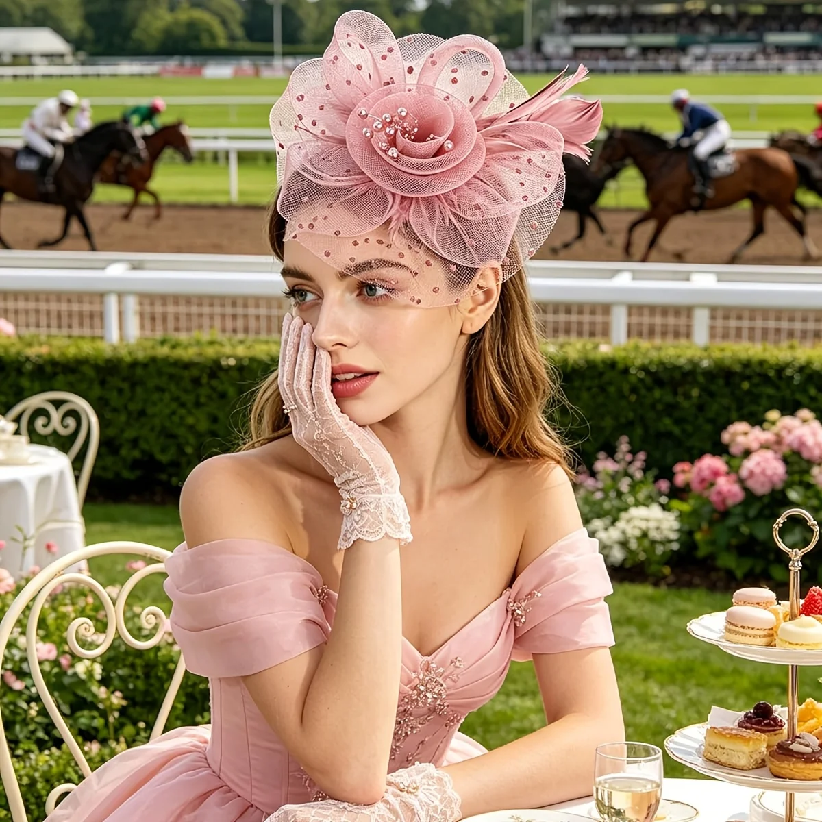 

Elegant Ladies Formal Party Hat (without gloves) - a glamorous afternoon tea social headpiece with top hat, cocktail mesh, feather trim and bridal hairpin