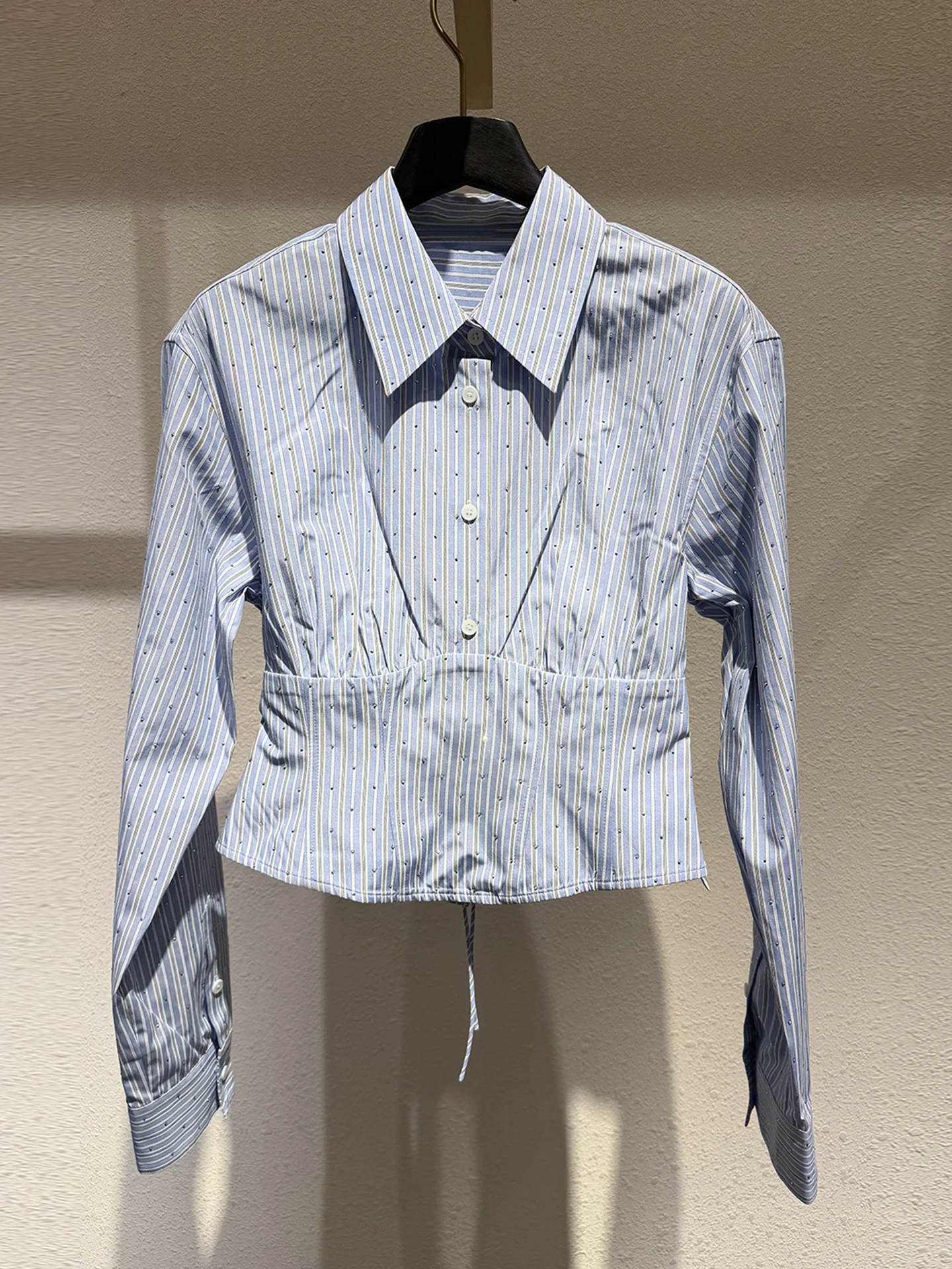 

South Oil High-End Women's Summer College Style Polka Dot Shirt Striped Diamond-Encrusted Top Commute Simple Loose Fit