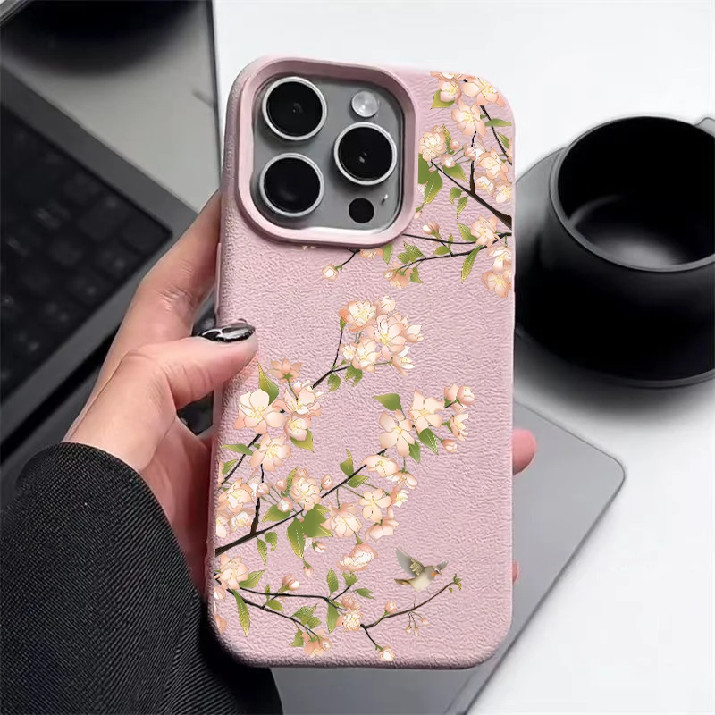 Cherry Blossoms Phone Case For iPhone 15 Pro 16 15 12 13 14 Pro Max 11 Shockproof Leather Texture Candy Color Soft TPU Cover