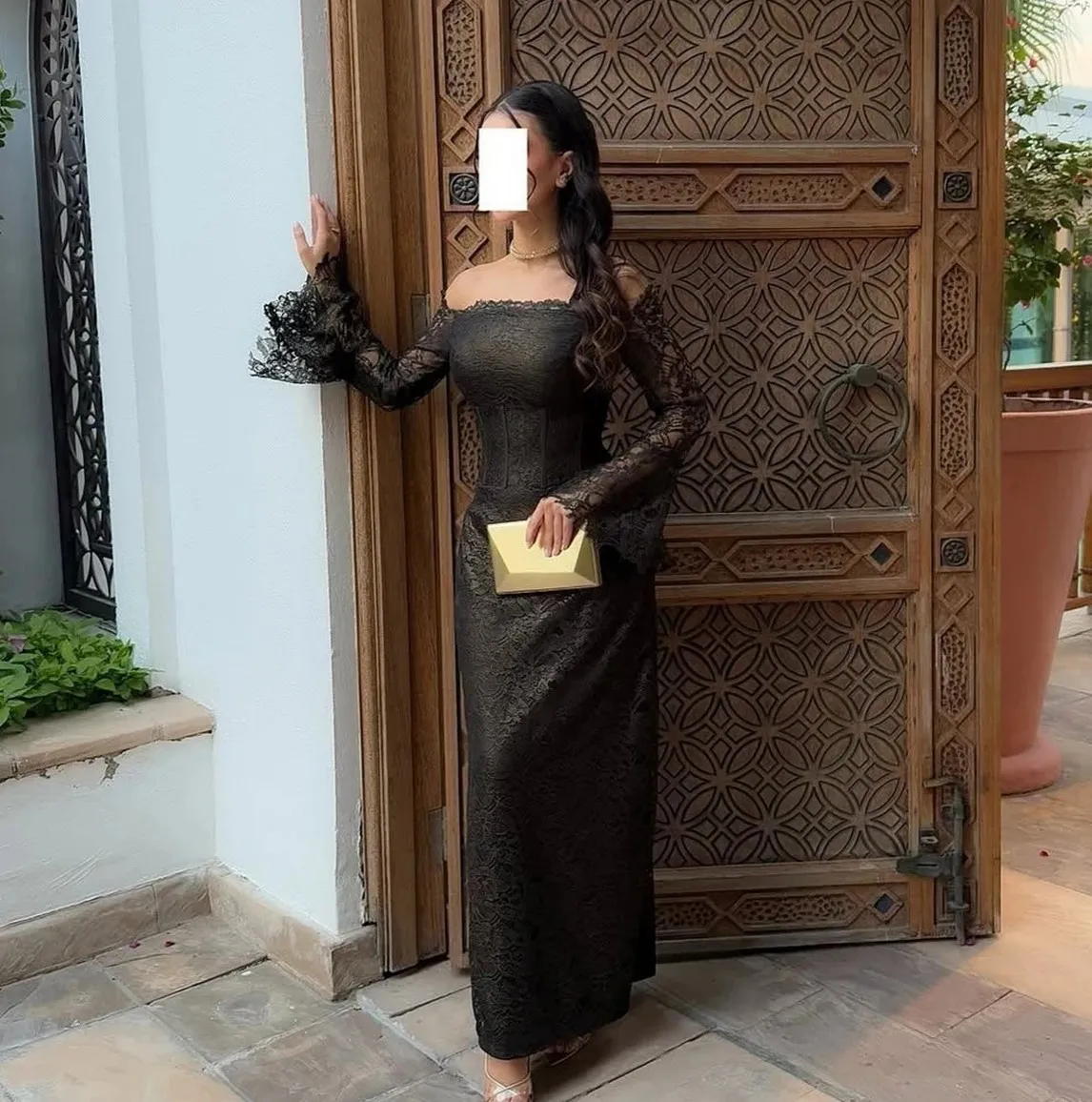 

Elegant Black Mermaid Formal Dress Boat Neck Long Sleeve Lace Prom Pageant Birthday Gown Robe De Soiree for Women