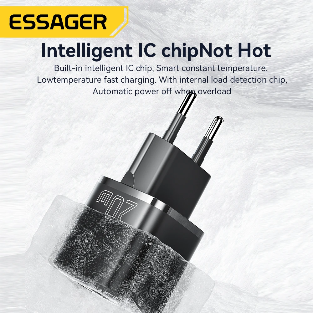 Essager 20W GaN USB 유형 C 충전기 PD 고속 충전 전화 QC 3.0 iPhone 14 13 12 11 Pro Max Mini iPad 충전용 빠른 충전기 크기 비교