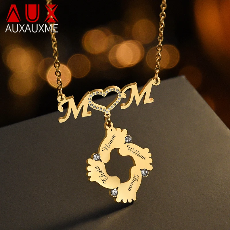 

Auxauxme Custom Name Foot Pendant Necklace Stainless Steel for Women Personalized Crystal Zircon Family Nameplate Choker Jewelry