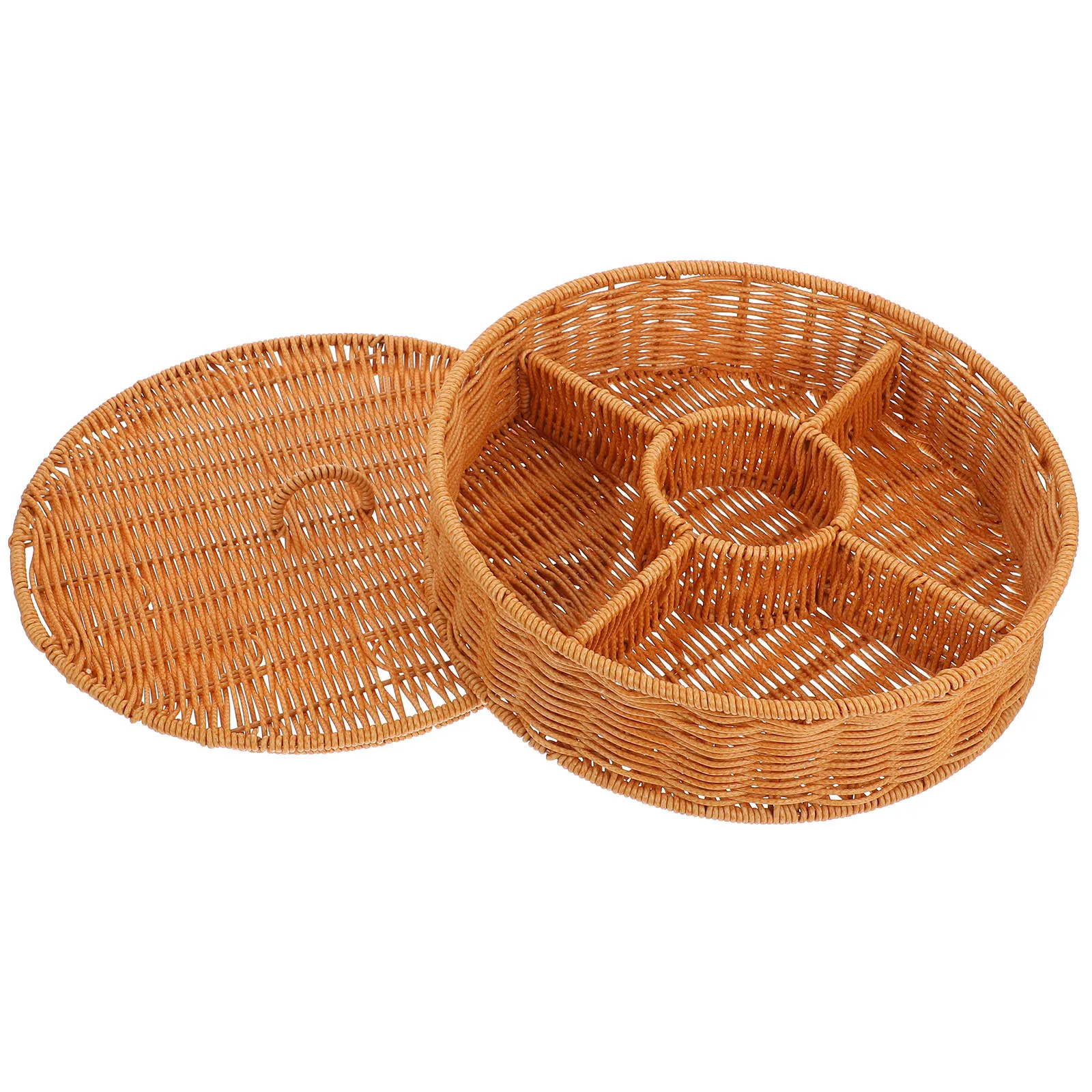 

Rattan Woven Basket Lid Divided Round Multicompartment Storage Organizer Snacks Fruits Nuts Woven Baskets for Storage