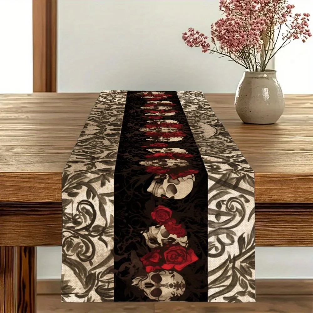 1 Piece of Halloween Themed Table Runner, Skull and Red Rose, Suitable for Parties, Restaurants, Homes, Markets, and Holiday Decoration Scenes.