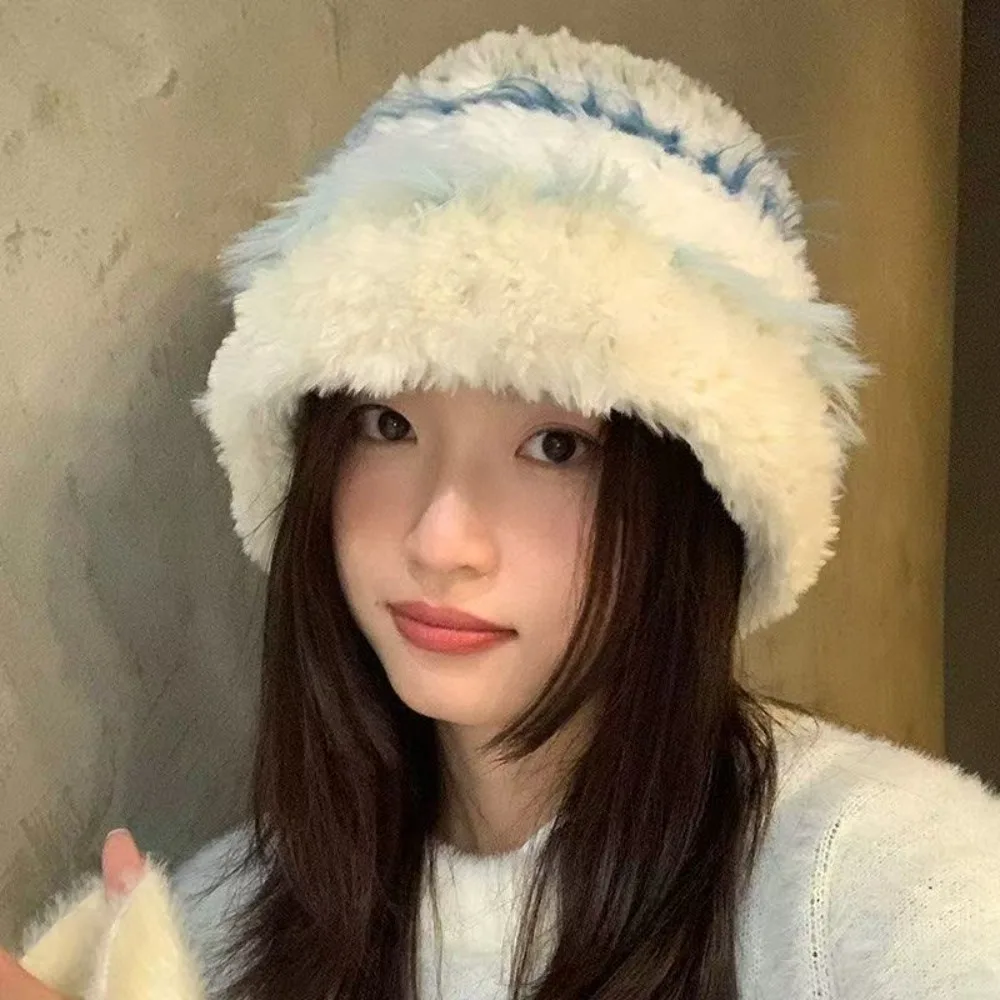 Faux Fur Bucket Hat Thick Ear Protection Women Knitted Beanie Korean Style Cold Protection Warm Pull On Cap Cold Weather