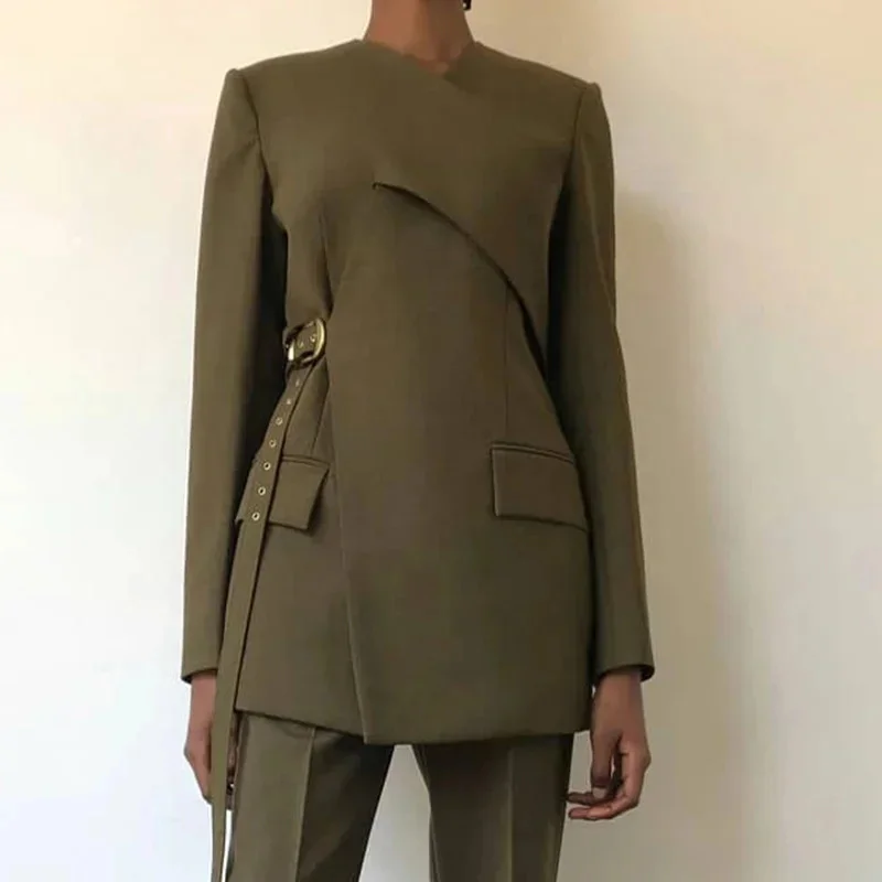 Solid Asymmetrical Blazers Women V Neck Long Sleeve Patchwork Lace Up Retractable Waist Slim Jackets Female 2024 Autumn New Coat