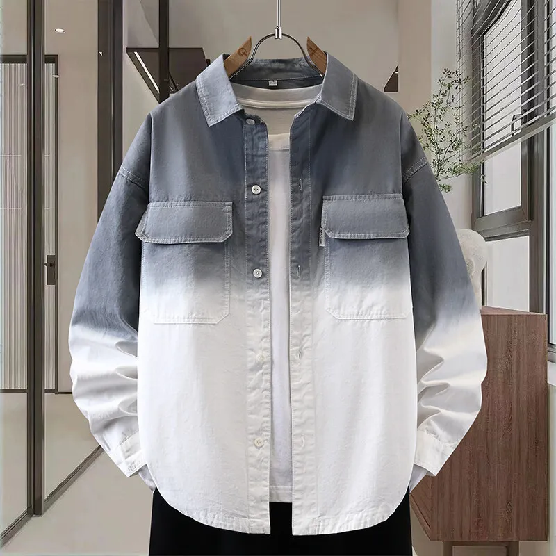 

Men's Spring-Autumn Collar Long-Sleeved Shirt New Trendy Gradation Print Casual Men's Top