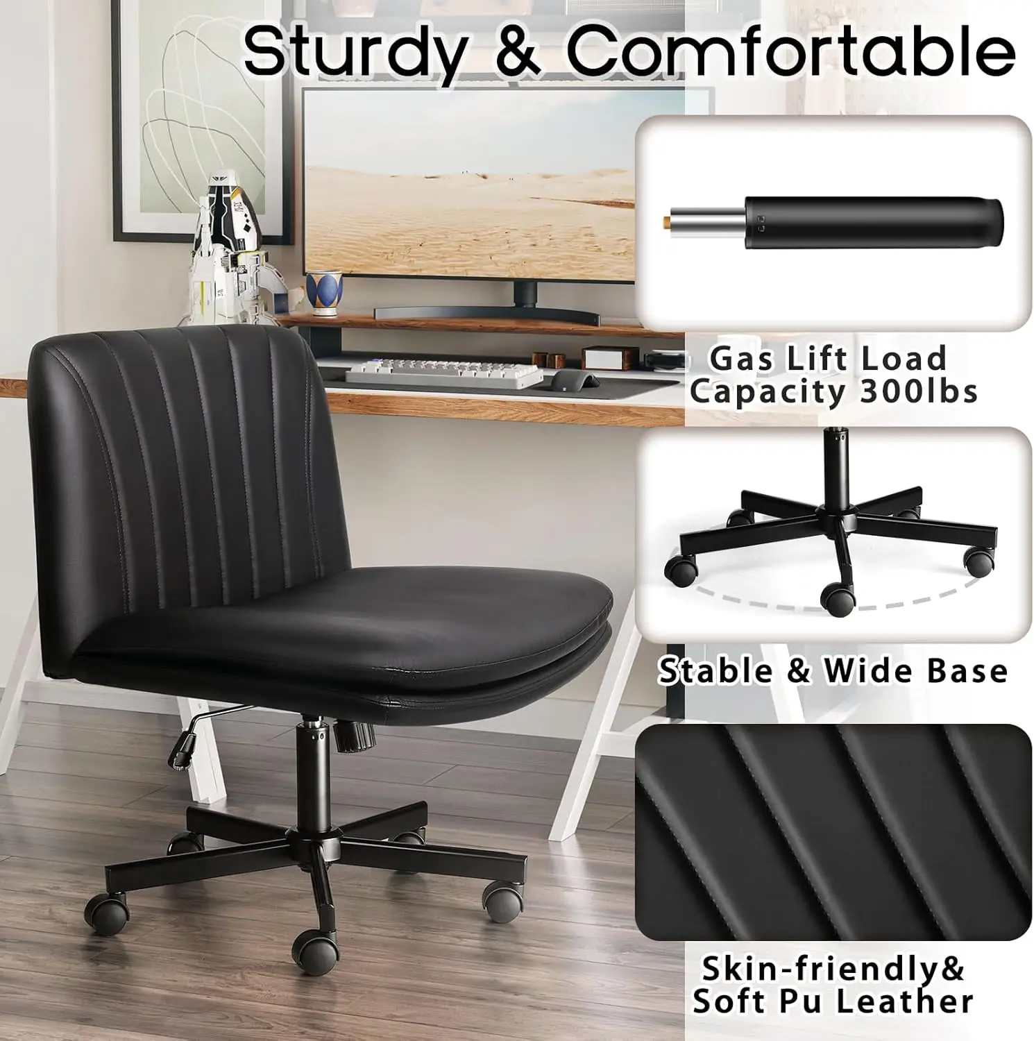 Wheeled, PU leather armless cross legged office desk and chair, modern rotating height adjustable wide seat vanity chair (black)