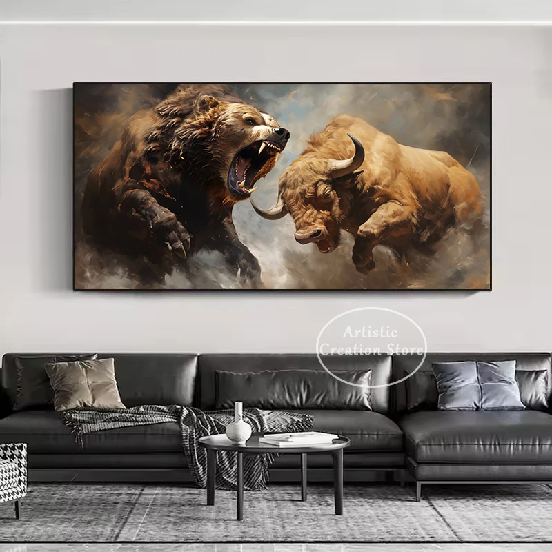 Graffiti Bull VS Bear Stock Market Exchange Wall Street Trading Poster Canvas Painting Wall Art Pictures Home Office Decor Gift