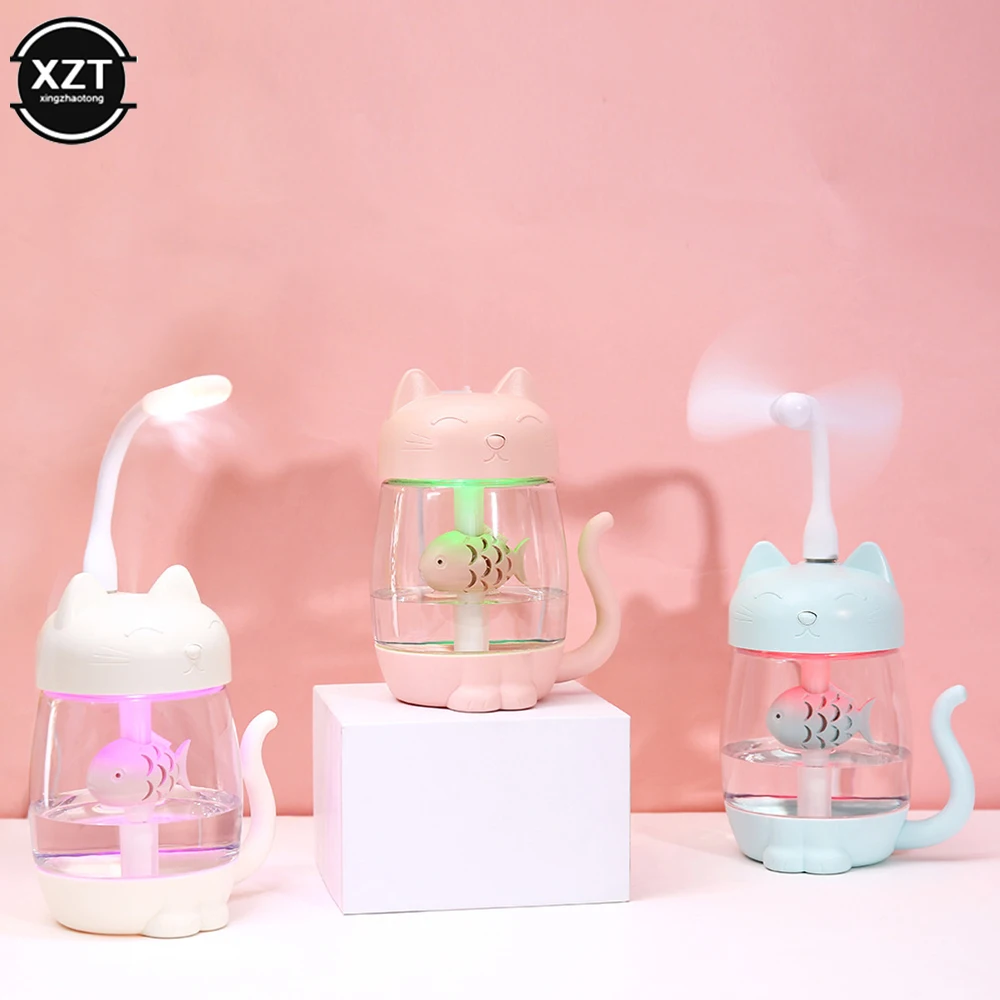 Humidificador de Aire para Gatos de 350 ml con Luz LED de Colores, Ultrasónico 3 en 1, Adorable Diseño de Gato Comiendo Pescado, Humidificador USB, Difusor de Aroma, Nebulizador