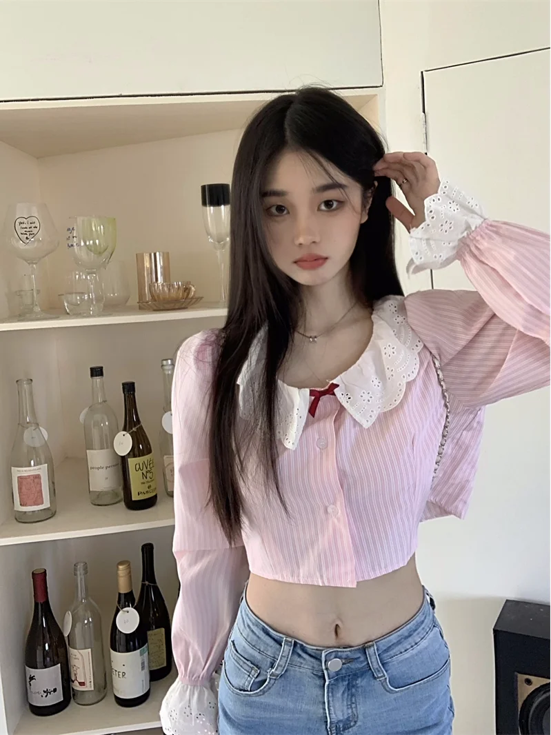 

Style Doll Collar Women's Shirt Lace Splicing Flared Sleeve Top Short Cardigan Striped Pattern Korean Version...