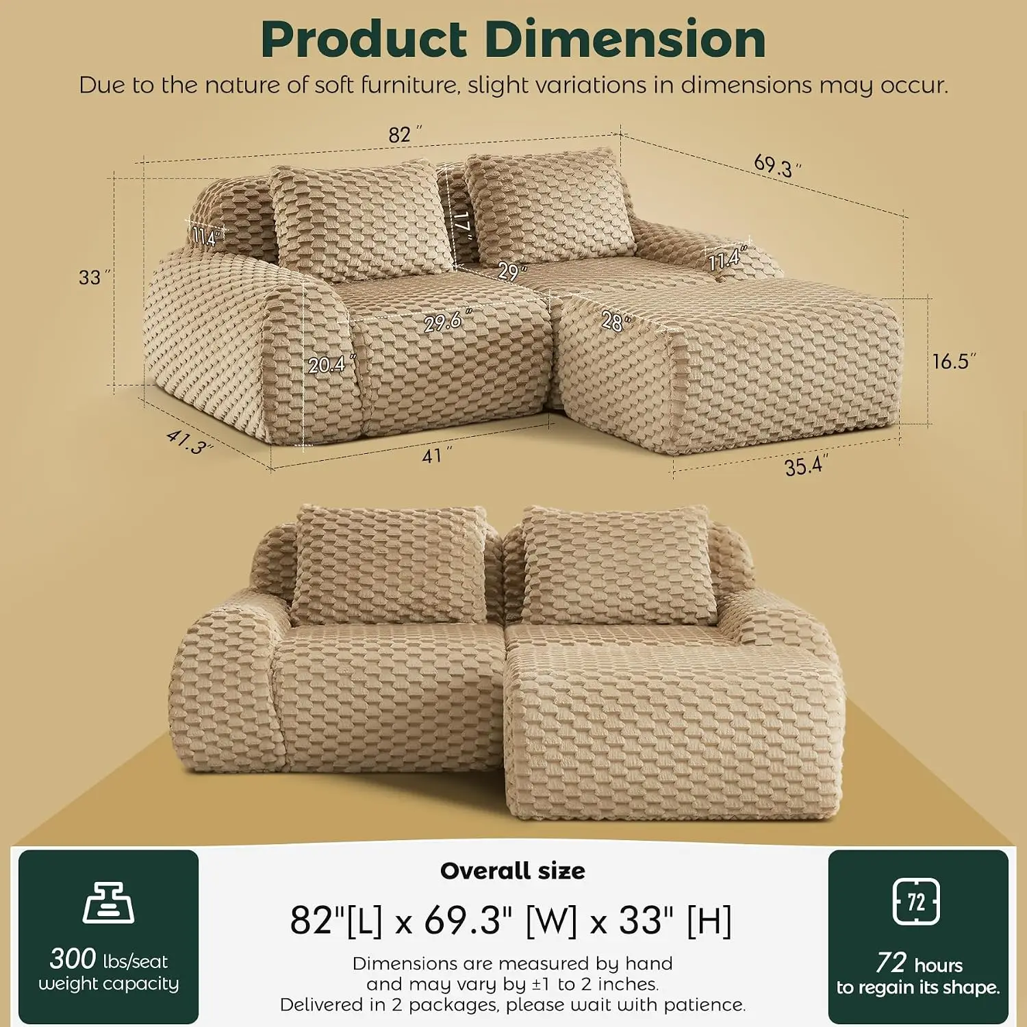 L-Shaped Sectional Sofa No Assembly, Beige in Box with Ottoman, Cloud Memory Foam, Space-Saving Furniture, Customized