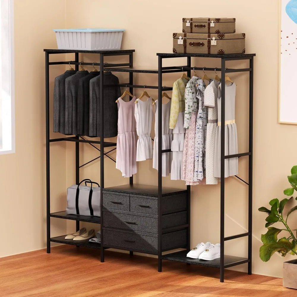 

Clothes Rack, Garment Rack With Shelves for Shoes & 4 Drawers, Clothes Storage Organizer with 4 Hanging Rods, Free Standing Clos