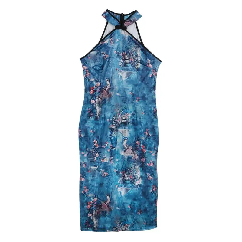 2024 oriental vintage dress improved cheongsam national flower print sleeveless qipao hollow out dress halter bodycon dress