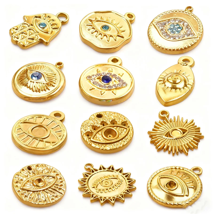 

7pcs Round Evil Eye Punk Pendant Y2K Zircon Stainless Steel Pendant Sun Palm Rectangle Different Shapes Pendants DIY Jewelry