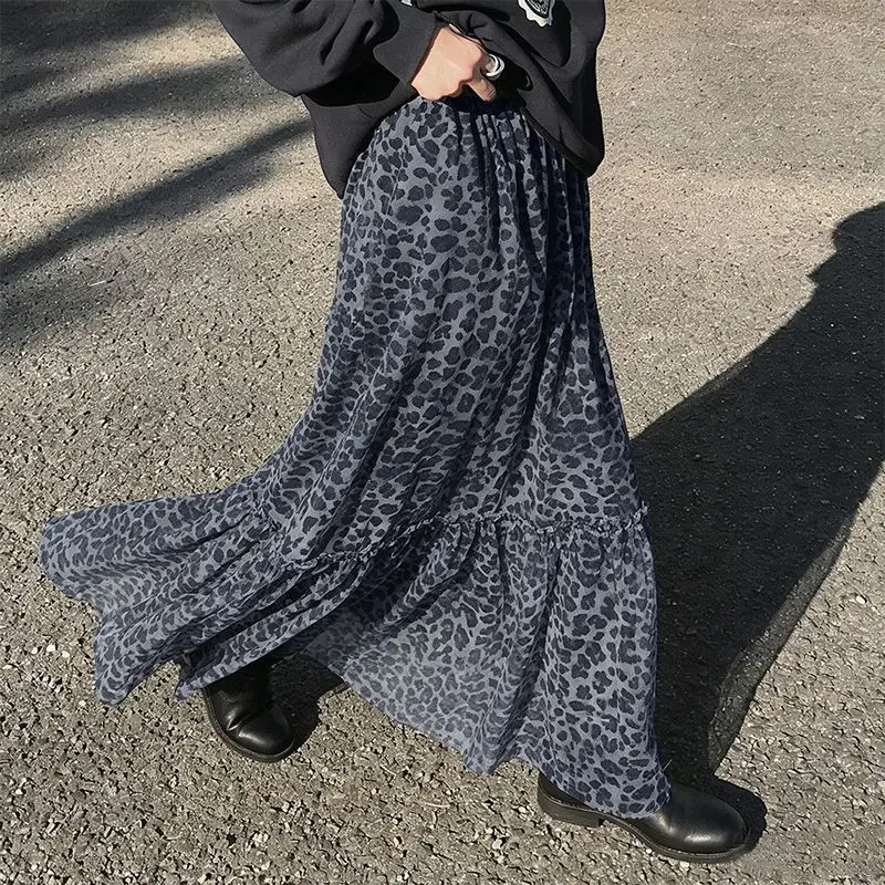 Chiffon Leopard Print Skirt Women's 2026 Summer New Mesh Elastic Waist Drape A Word Cake Dress