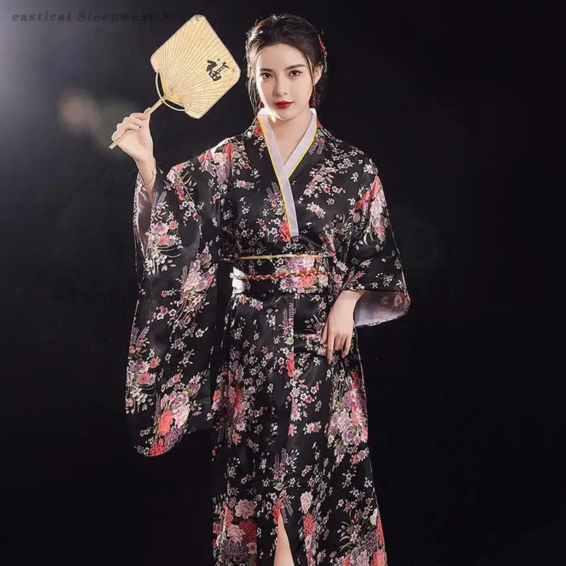 Women Traditional Japanese Kimono Gown with Obi Ladies Elegant Geisha Haori Yukata Robe Print Flower Bathrobe Airy Hanfu Costume