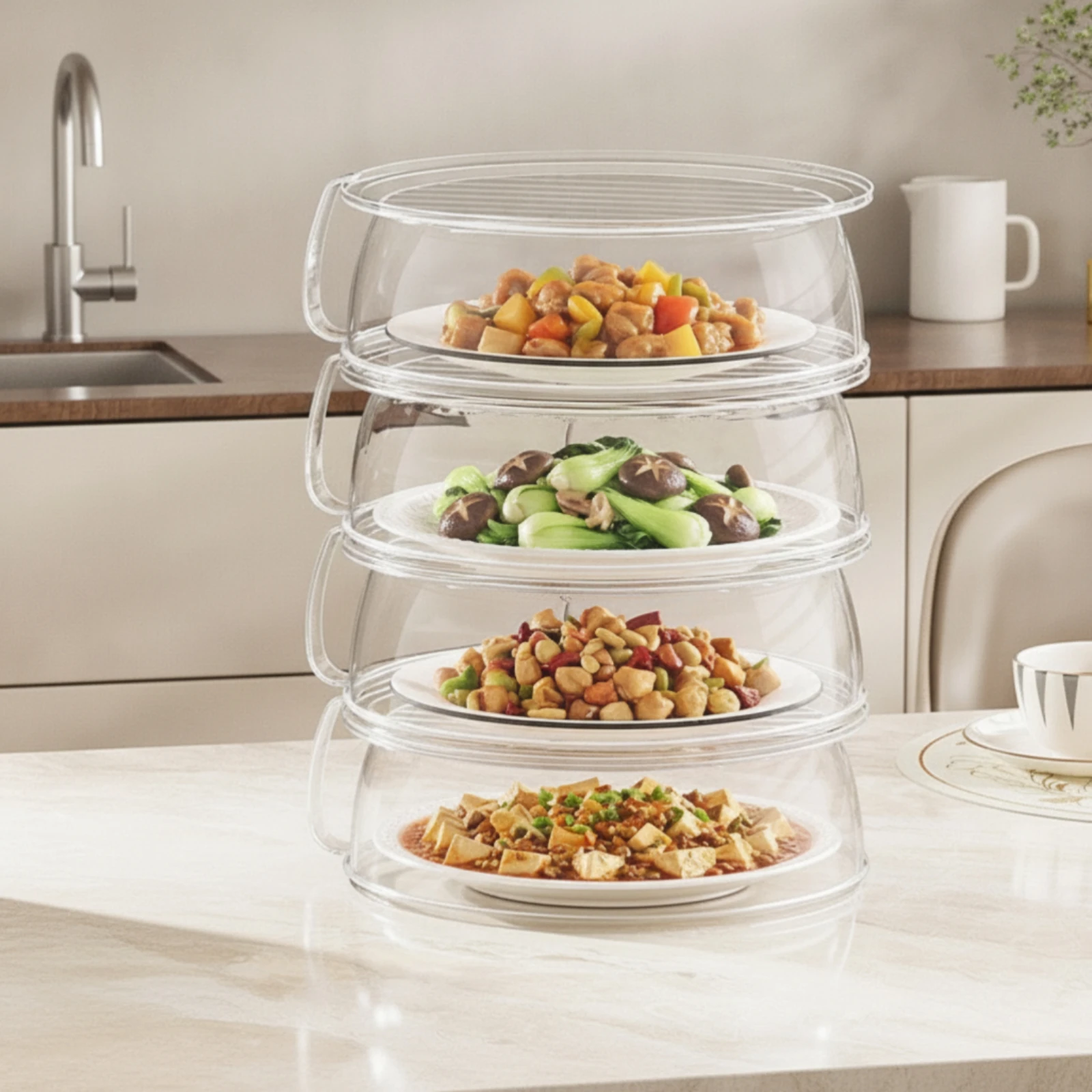 Four-Tier Food Cover Space-Saving Stackable Food Cover Dustproof Versatile for Dining Table, Kitchen Counter