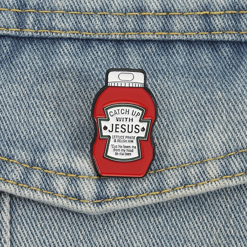 Catch Up With Jesus Emaille Pins Tomatensauce Broschen Revers Abzeichen Cartoon Glaube Christus Schmuck Geschenk für Freunde