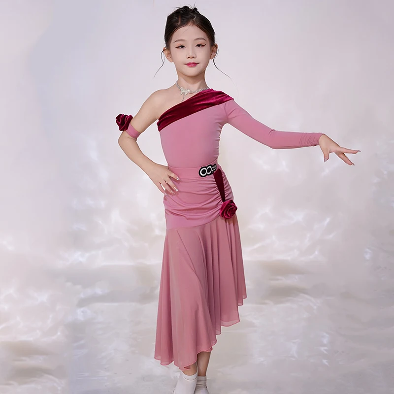 

Girls Pink Ballroom Dance Dress Slant Shoulder Performance Clothes Waltz Dance Costume Latin Ballroom Competition Dress BL13617