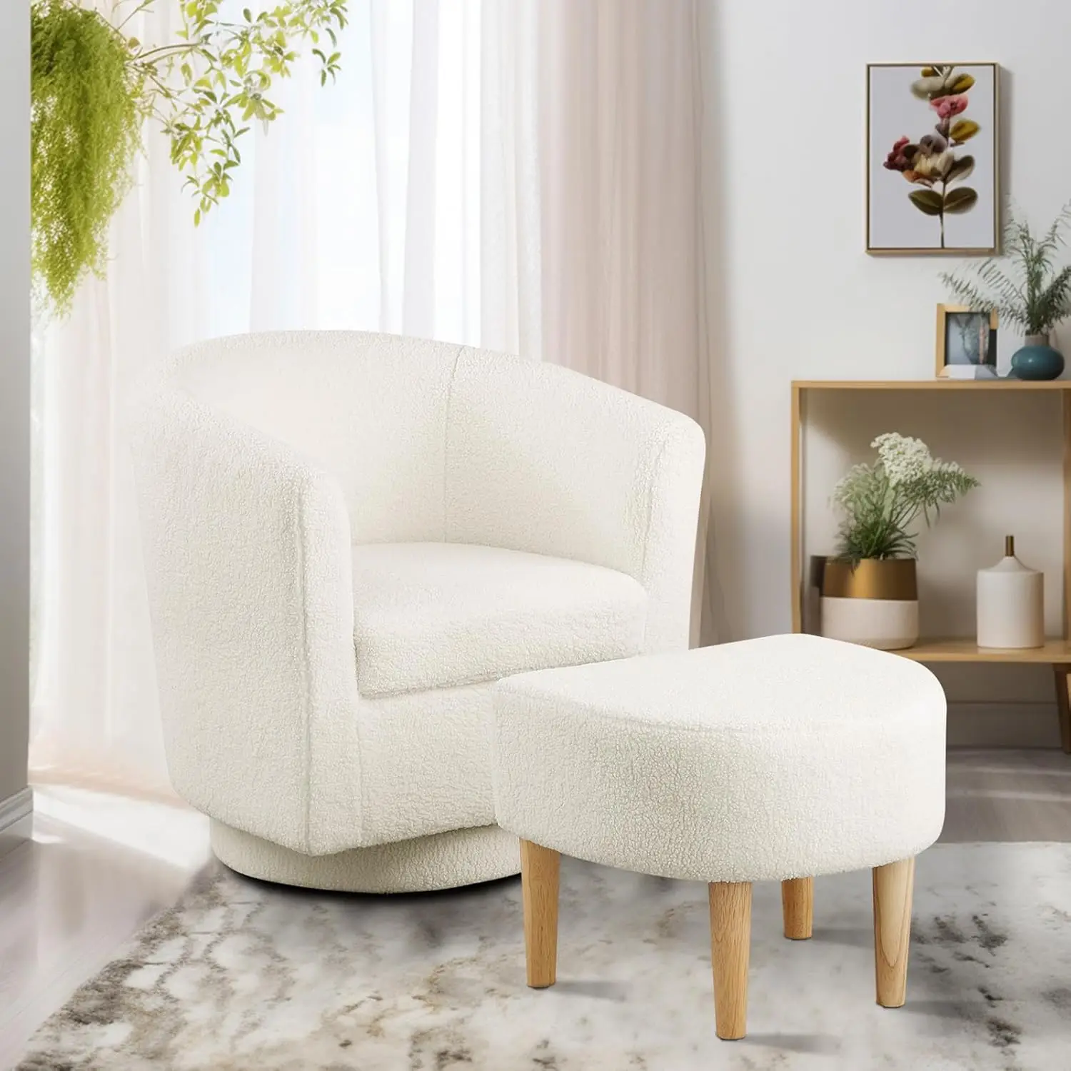 Accent Chair Swivel  Sherpa Swivel Barrel &Ottoman Fluffy Teddy Comfy Armchair Footrest Set for Living Room