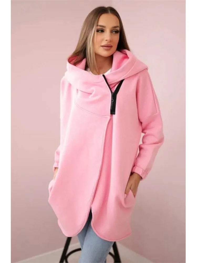 Women Fashion Irregular Zipper Fleece Sweatshirt Hooded Autumn Winter Casual Solid Color Long-sleeved Loose Coat Female Hoodie