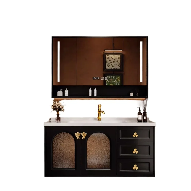

European oak paint bathroom cabinet feng shui mirror ceramic integrated basin retro light luxury washbasin combination