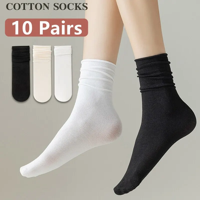 

10 Pairs Thin Ice Silk Women's Long Tube Socks Summer Cool Mid Calf Socks Black and White Ice Ice Socks Pile Pile Ladies' Socks