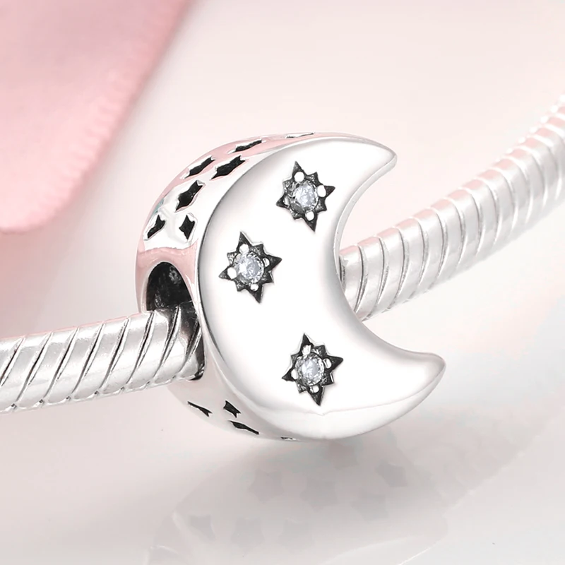 925 Sterling Silver Stars Twinkle Peaceful Moon White Zircon Charm Bead Fit Original Bracelet Diy Jewelry Accessories Beads