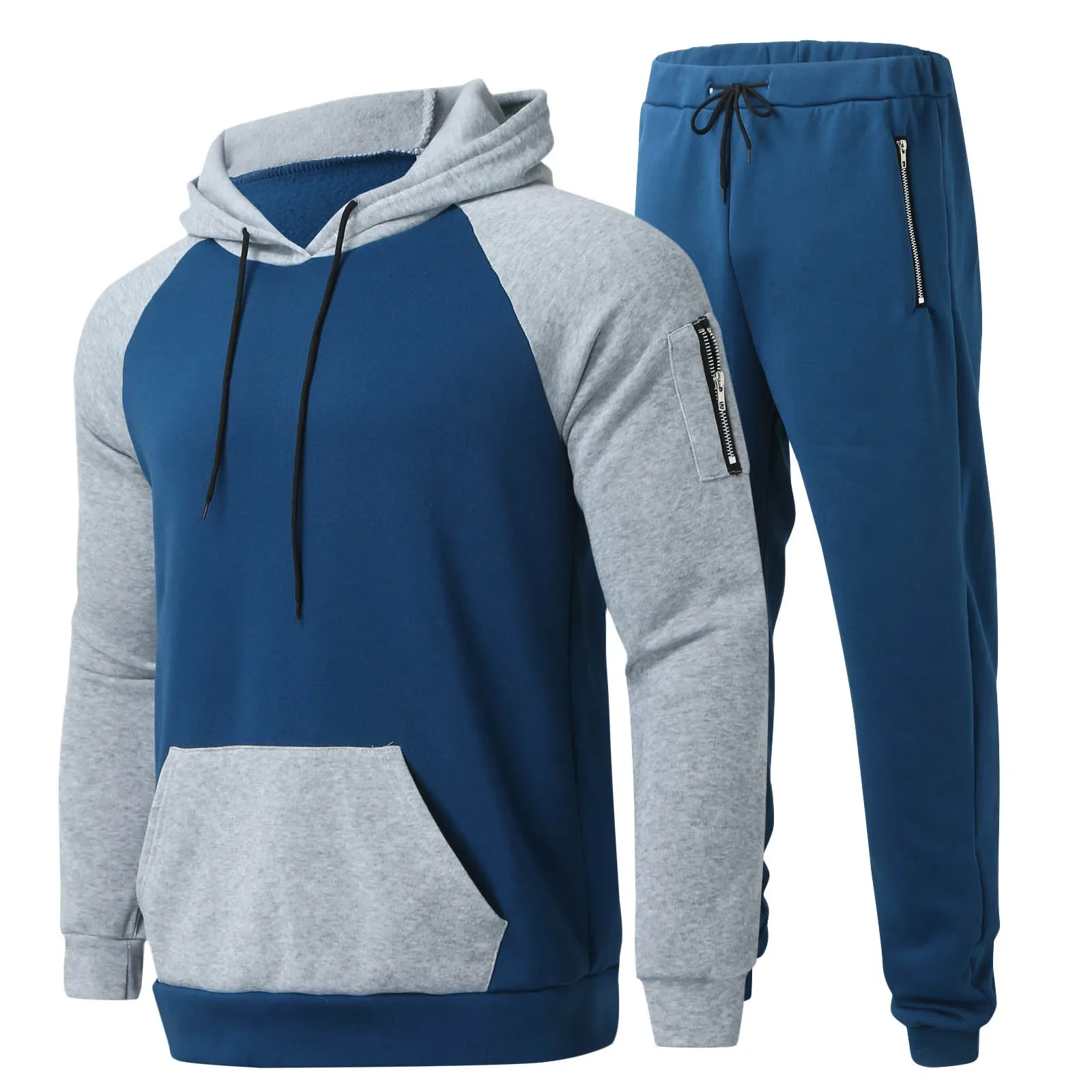 Conjunto de treino monocromático de 2 peças para homem, hoodies com calça, manga de bolso, roupas esportivas casuais, conjunto elegante